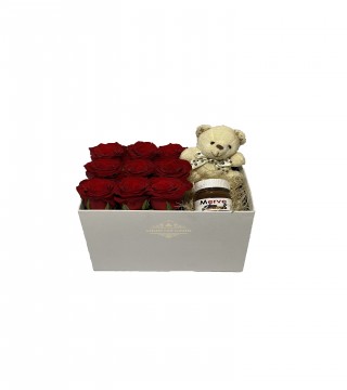 Beyaz Kutuda Kırmızı Gül Peluş Ayı ve Kişiye Özel Nutella-Kutuda Çiçek